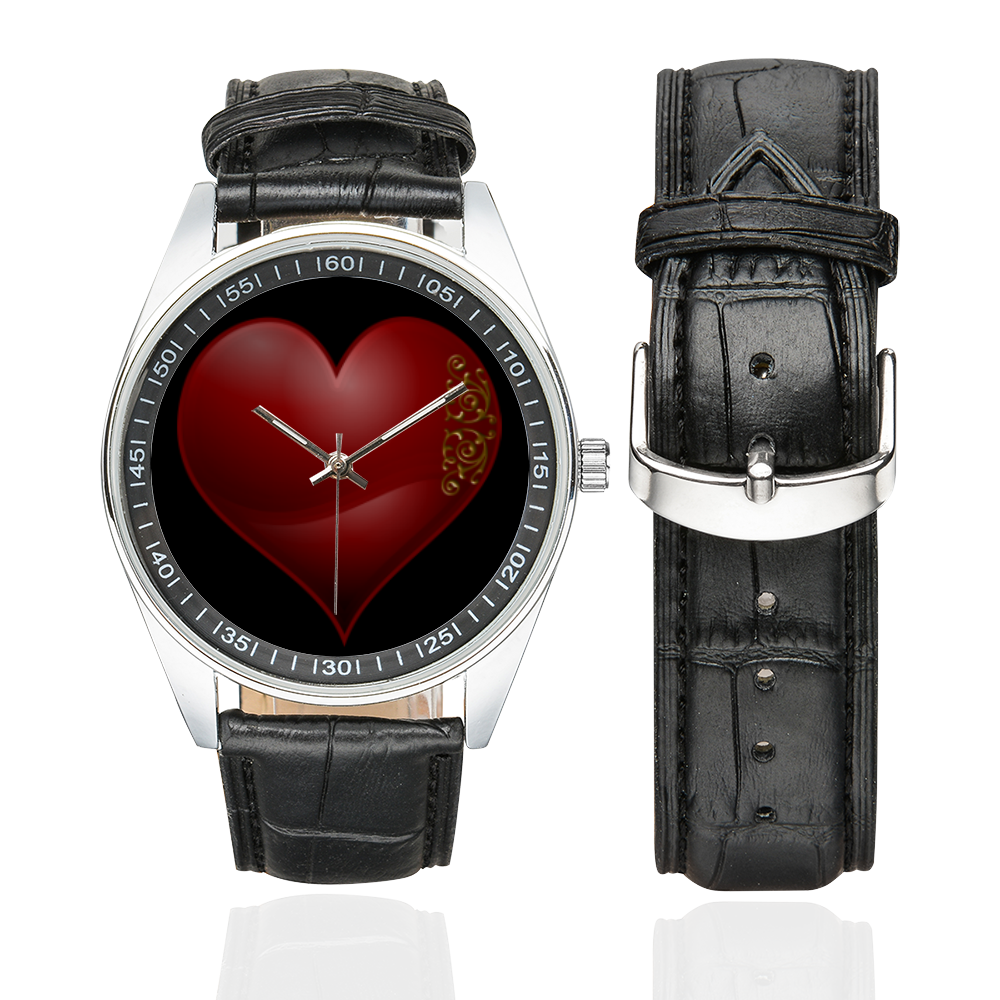 Heart  Las Vegas Symbol Playing Card Shape  (Black) Men's Casual Leather Strap Watch(Model 211)