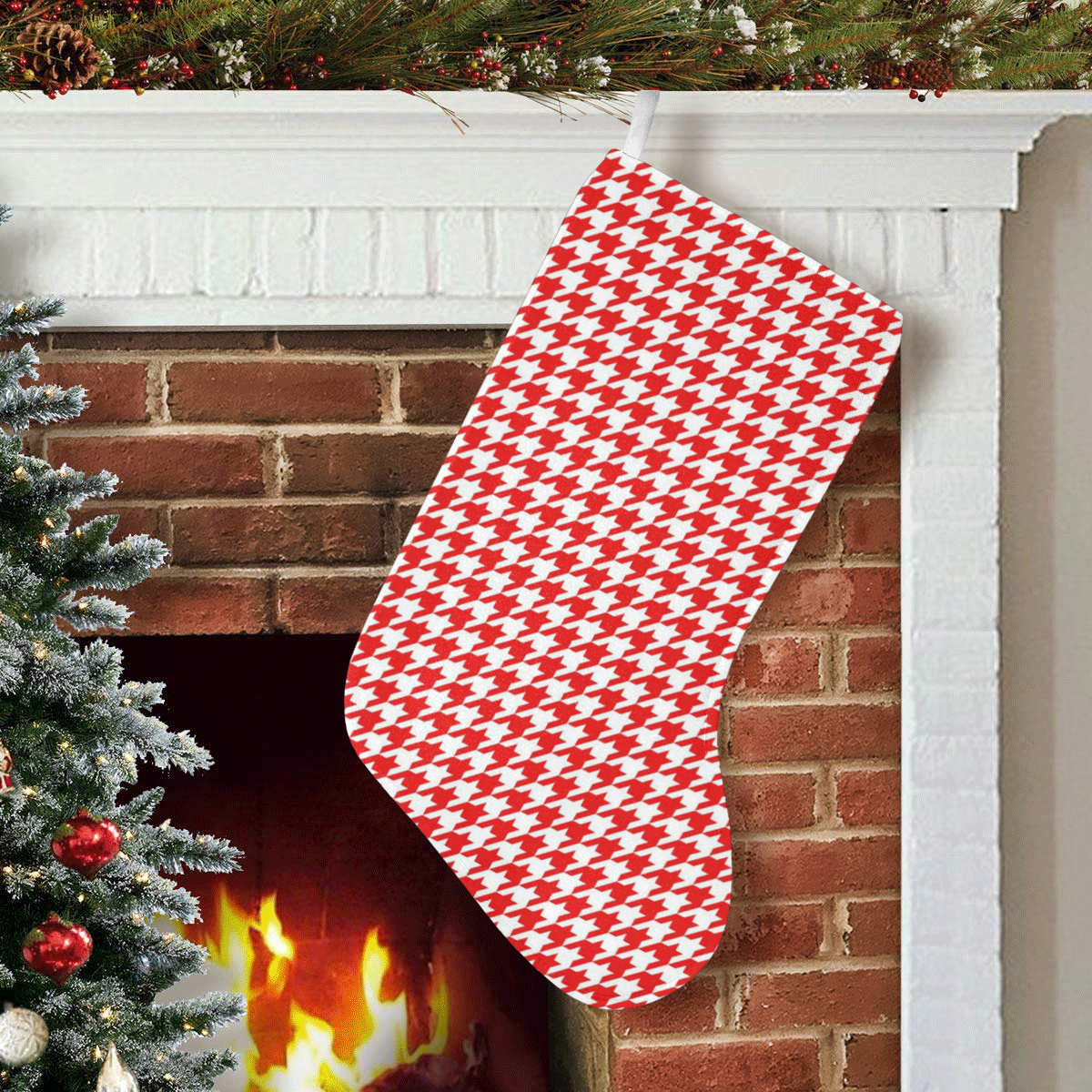 Friendly Houndstooth Pattern,red by FeelGood Christmas Stocking (Without Folded Top)