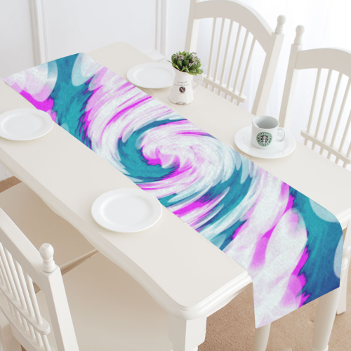 Turquoise Pink Tie Dye Swirl Abstract Table Runner 14x72 inch
