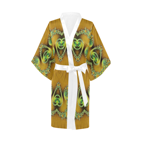 Gold and Green  Hearts  Lace Fractal Abstract Kimono Robe