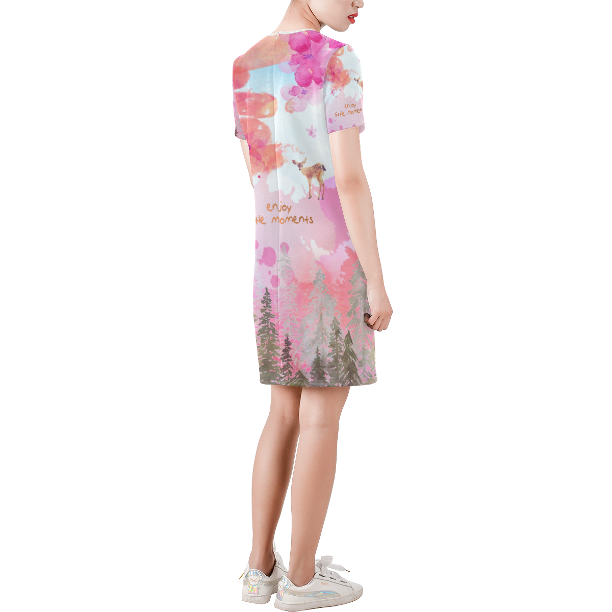 Little Deer in the Magic Pink Forest Short-Sleeve Round Neck A-Line Dress (Model D47)