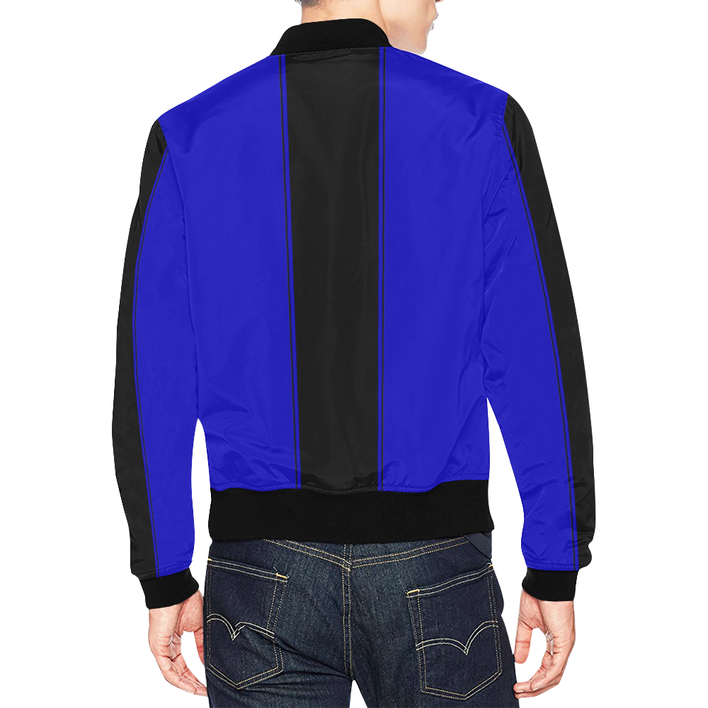 Racing Stripe Center Black and Blue All Over Print Bomber Jacket for Men (Model H19)