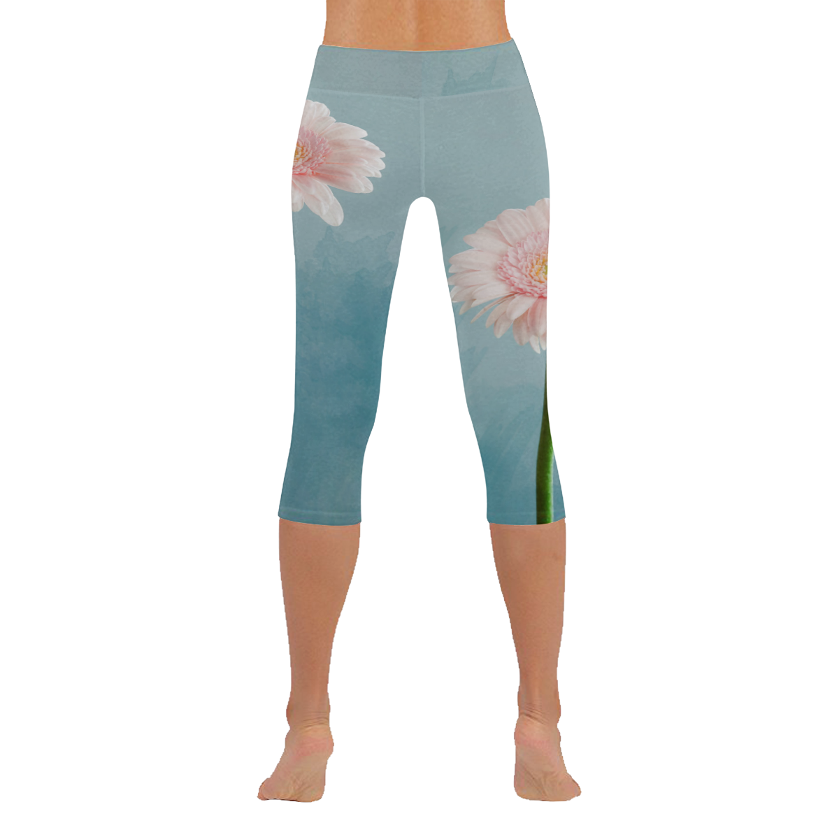 Gerbera Daisy - Pink Flower on Watercolor Blue Women's Low Rise Capri Leggings (Invisible Stitch) (Model L08)