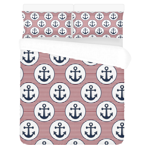 navy and red anchor nautical design 3-Piece Bedding Set