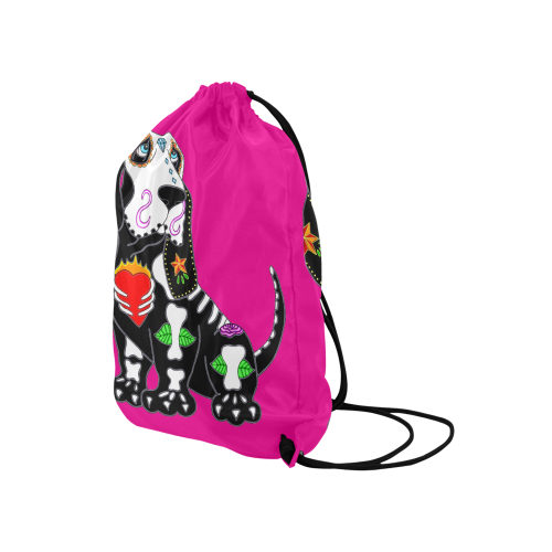 Basset Hound Sugar Skull Pink Medium Drawstring Bag Model 1604 (Twin Sides) 13.8"(W) * 18.1"(H)