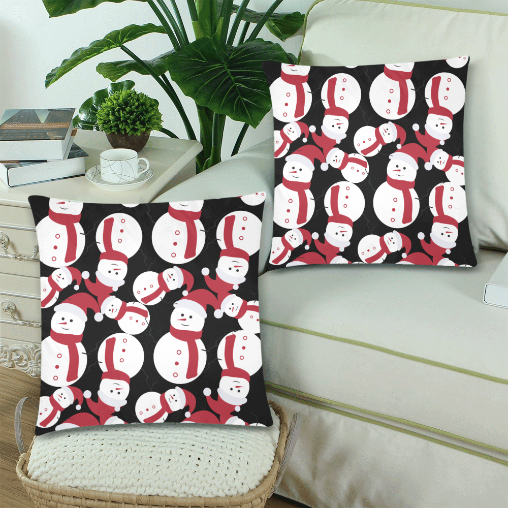 Snowman CHRISTMAS Pattern BLACK Custom Zippered Pillow Cases 18"x 18" (Twin Sides) (Set of 2)