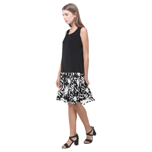 Black and White Floral Swirl Pattern Sleeveless Splicing Shift Dress(Model D17)