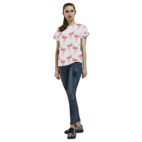 Pretty Pink Flamingo Pattern Casual Tropical Style All Over Print T-Shirt for Women (USA Size) (Model T40)
