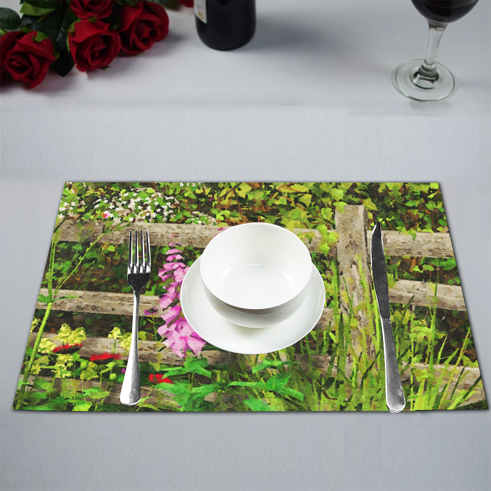 Pretty Pink Flowers and Fence Watercolor Placemat 12’’ x 18’’ (Set of 6)
