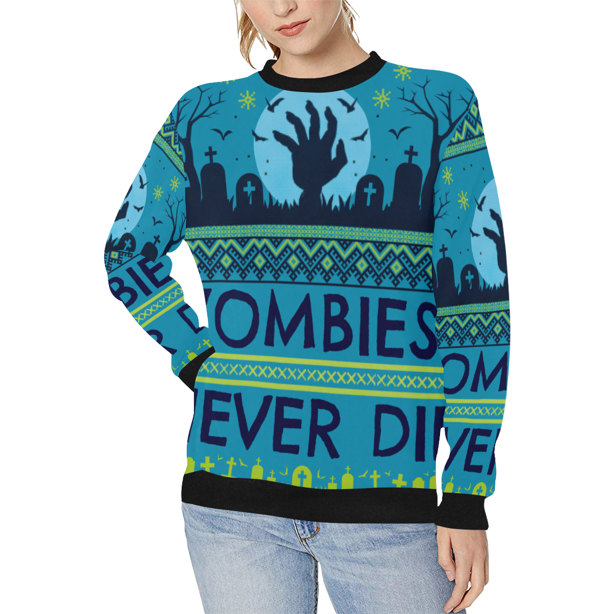 sudadera de mujer diseño zombies Women's Rib Cuff Crew Neck Sweatshirt (Model H34)