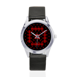 Black and Red Playing Card Shapes  (Black) Unisex Silver-Tone Round Leather Watch (Model 216)