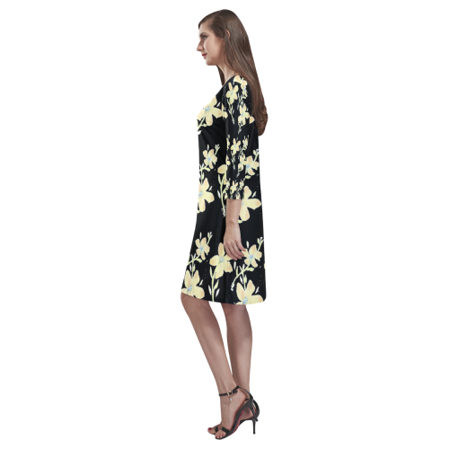 Black Dress With Yellow Flower Design Rhea Loose Round Neck Dress(Model D22)