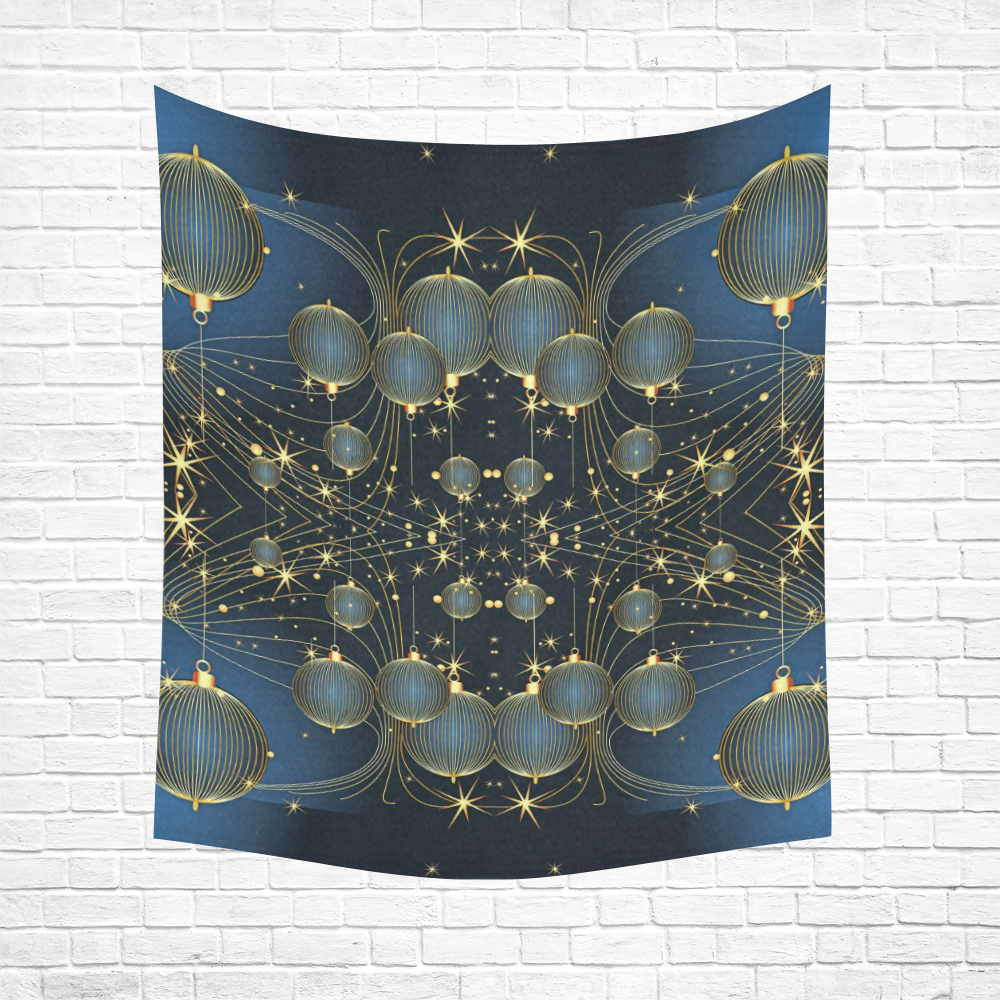 Golden Christmas Ornaments on Blue Cotton Linen Wall Tapestry 51"x 60"