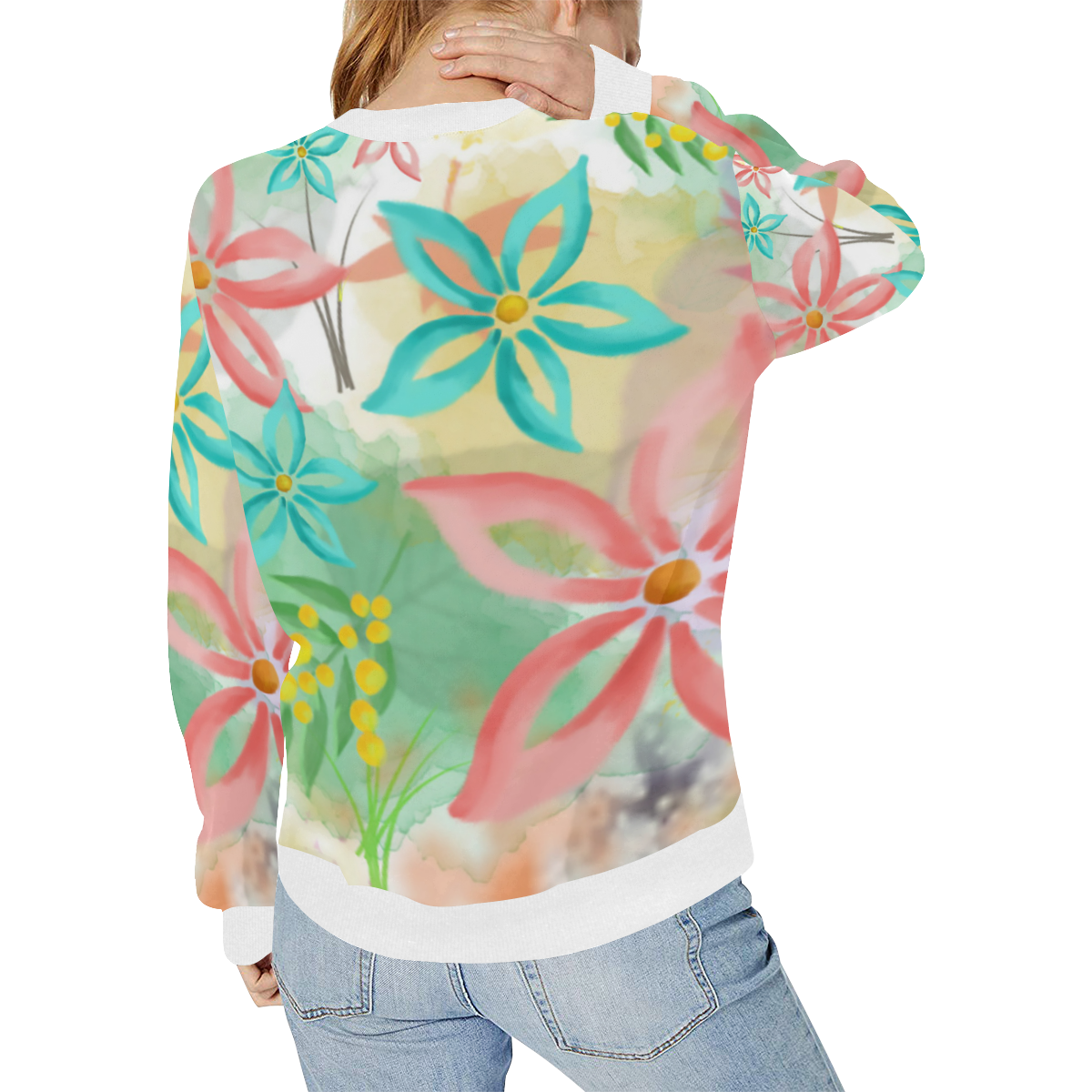 Flower Pattern - coral pink, teal green, yellow Women's Rib Cuff Crew Neck Sweatshirt (Model H34)