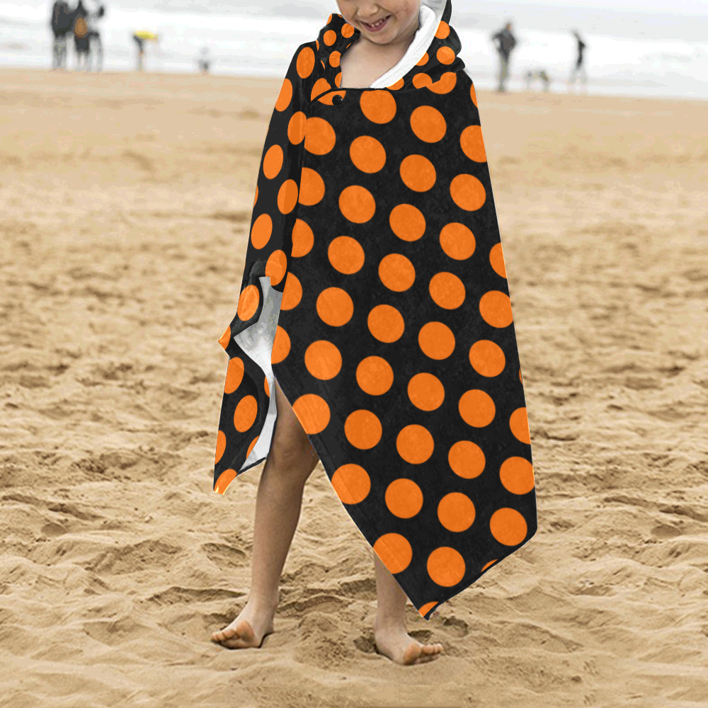 Orange Polka Dots on Black Kids' Hooded Bath Towels
