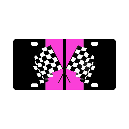Checkered Flags, Race Car Stripe, Black and Pink Classic License Plate