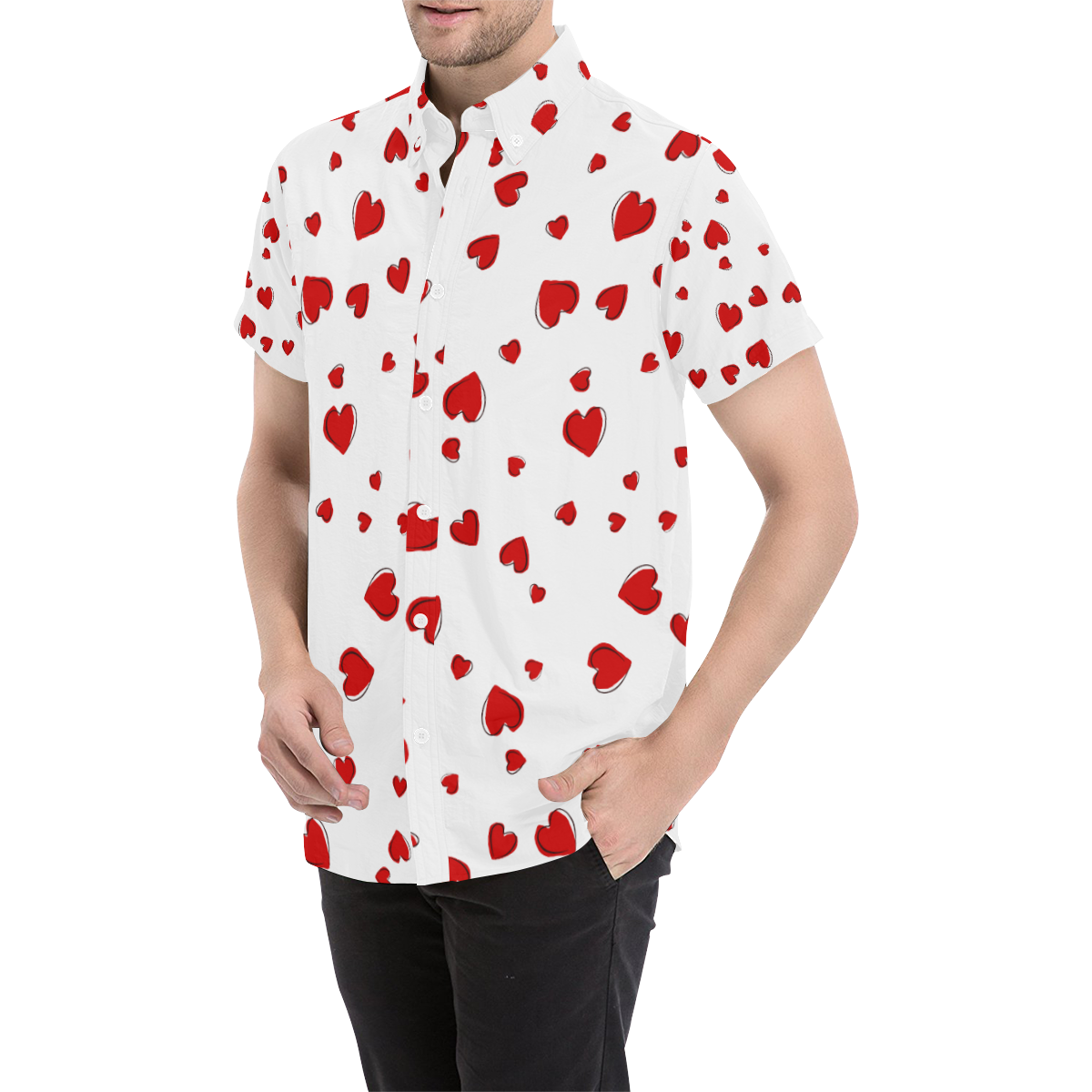 Red Hearts Floating on White Men's All Over Print Short Sleeve Shirt (Model T53)