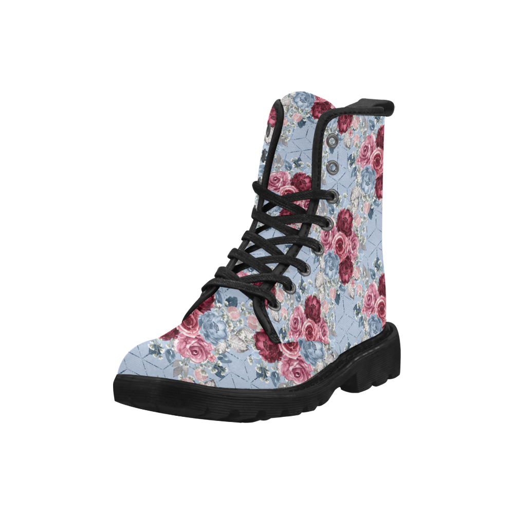 Floral Blue Boots, Burgundy Flowers Martin Boots for Women (Black) (Model 1203H)