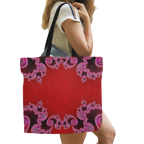 Red Pink Mauve Hearts and Lace Fractal Abstract 2 All Over Print Canvas Tote Bag/Large (Model 1699)