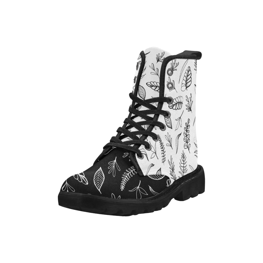 DANCING LEAVES - Black and White Martin Boots for Women (Black) (Model 1203H)