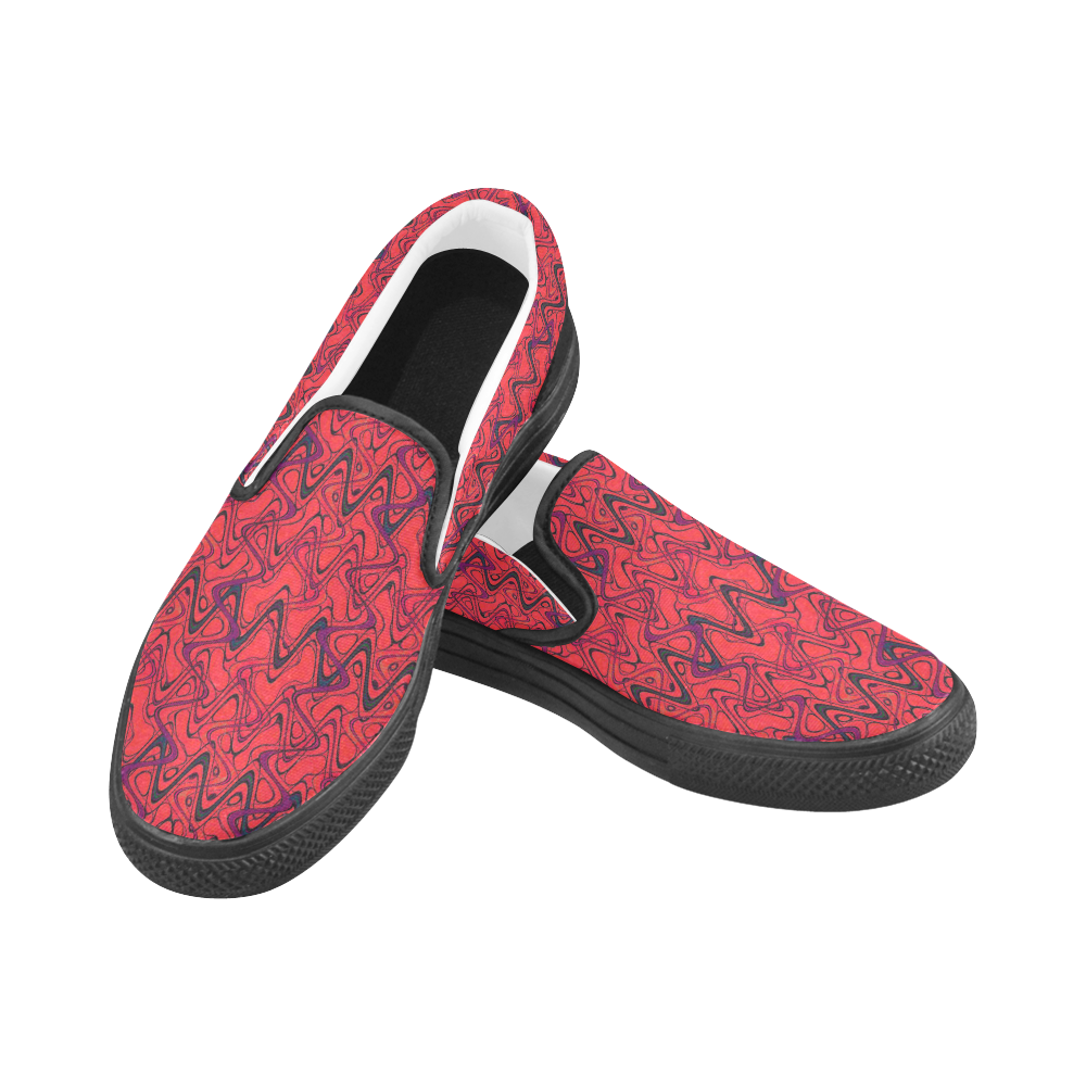 Red and Black Waves pattern design Men's Slip-on Canvas Shoes (Model 019)