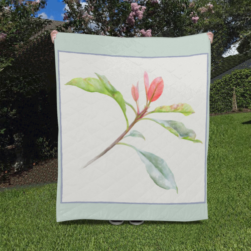 3 colors leaves in frame red blue green. Floral Quilt 50"x60"