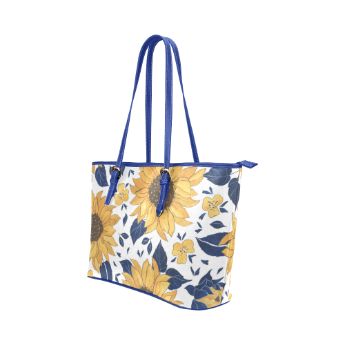 Sunflowers Tote With Blue Handle Leather Tote Bag/Small (Model 1651)