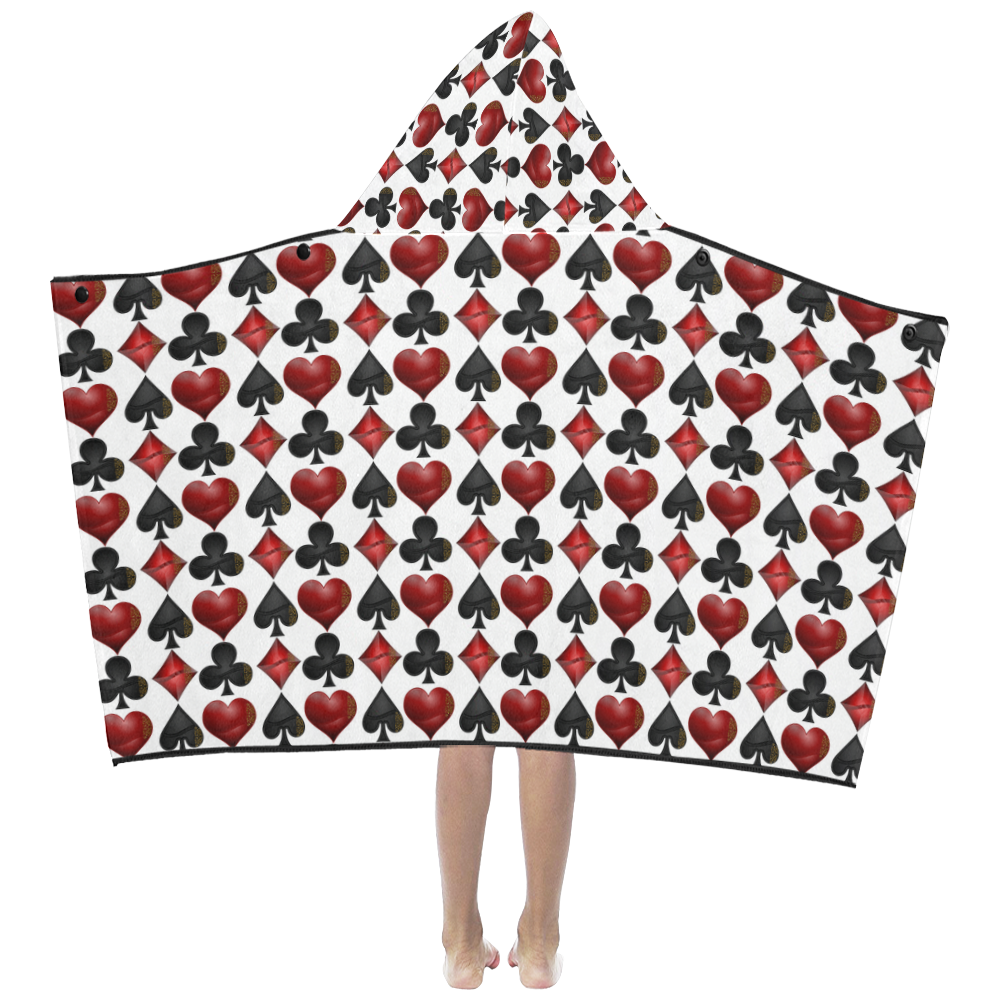 Las Vegas Black and Red Casino Poker Card Shapes on White Kids' Hooded Bath Towels