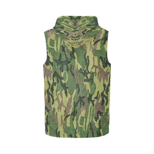 Military Camo Green Woodland Camouflage All Over Print Sleeveless Zip Up Hoodie for Men (Model H16)