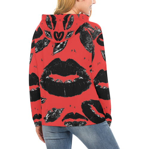 Kisses All Over (Black & Red) All Over Print Hoodie for Women (USA Size) (Model H13)