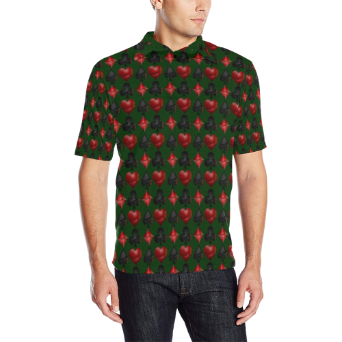 Las Vegas Black and Red Casino Poker Card Shapes / Green Men's All Over Print Polo Shirt (Model T55)