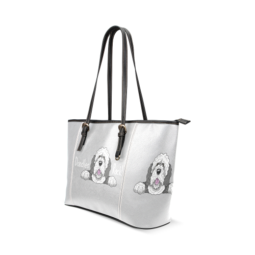 Sheepie Doodle grey & white- light grey Leather Tote Bag/Large (Model 1640)