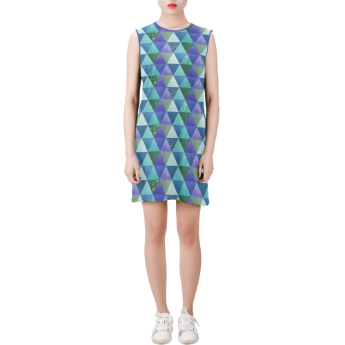 Triangle Pattern - Blue Violet Teal Green Sleeveless Round Neck Shift Dress (Model D51)