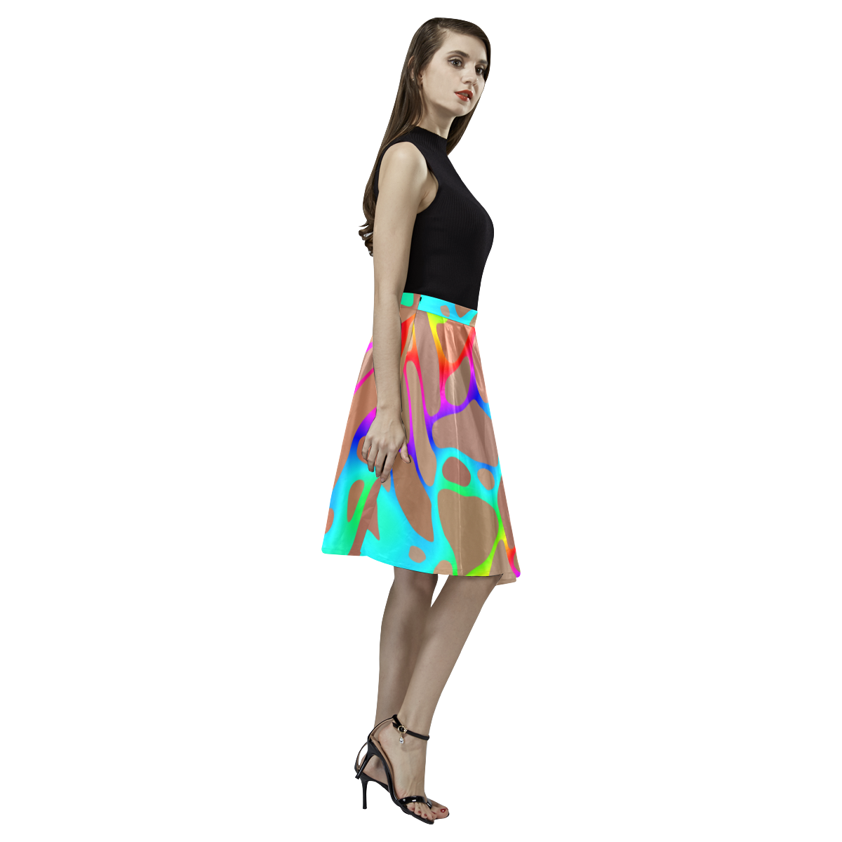 Colorful wavy shapes Melete Pleated Midi Skirt (Model D15)