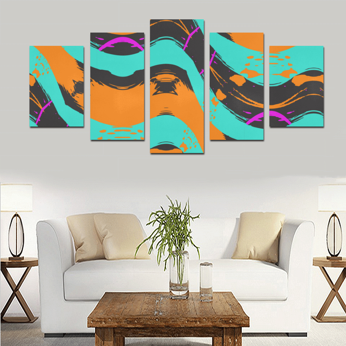 Blue orange black waves Canvas Print Sets D (No Frame)