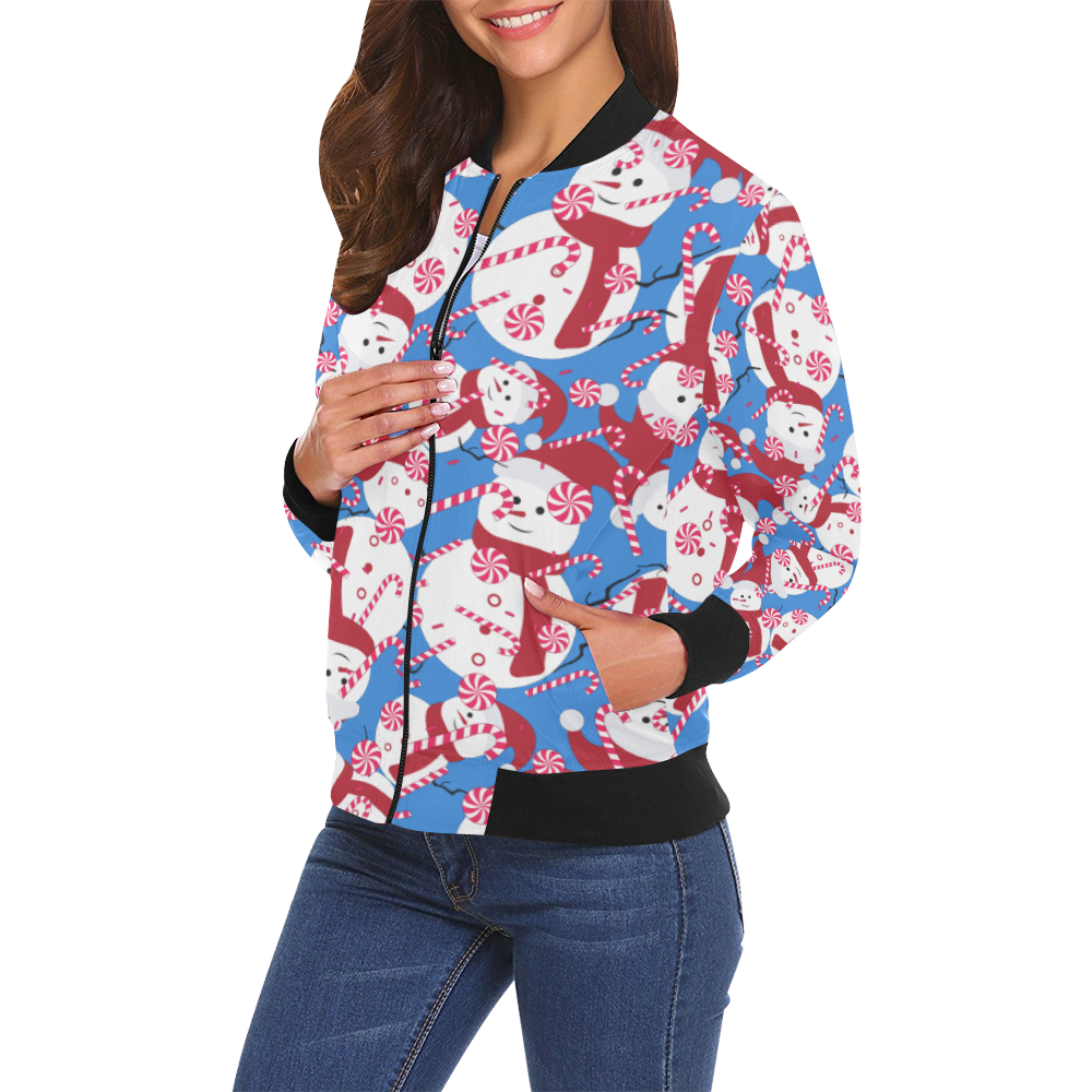 Candy Cane Santa Christmas Party BLUE All Over Print Bomber Jacket for Women (Model H19)