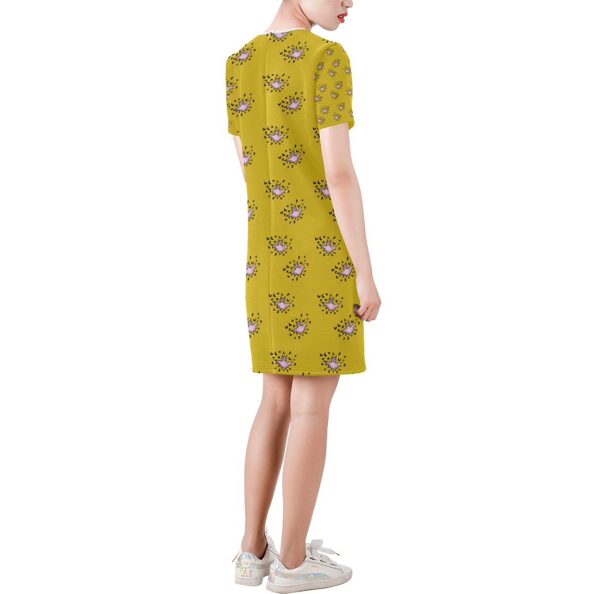 zodiac bat pink yellow Short-Sleeve Round Neck A-Line Dress (Model D47)