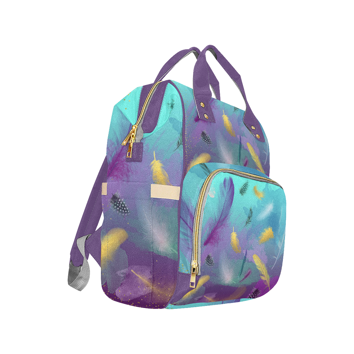 Dancing Feathers - Turquoise and Purple Multi-Function Diaper Backpack/Diaper Bag (Model 1688)