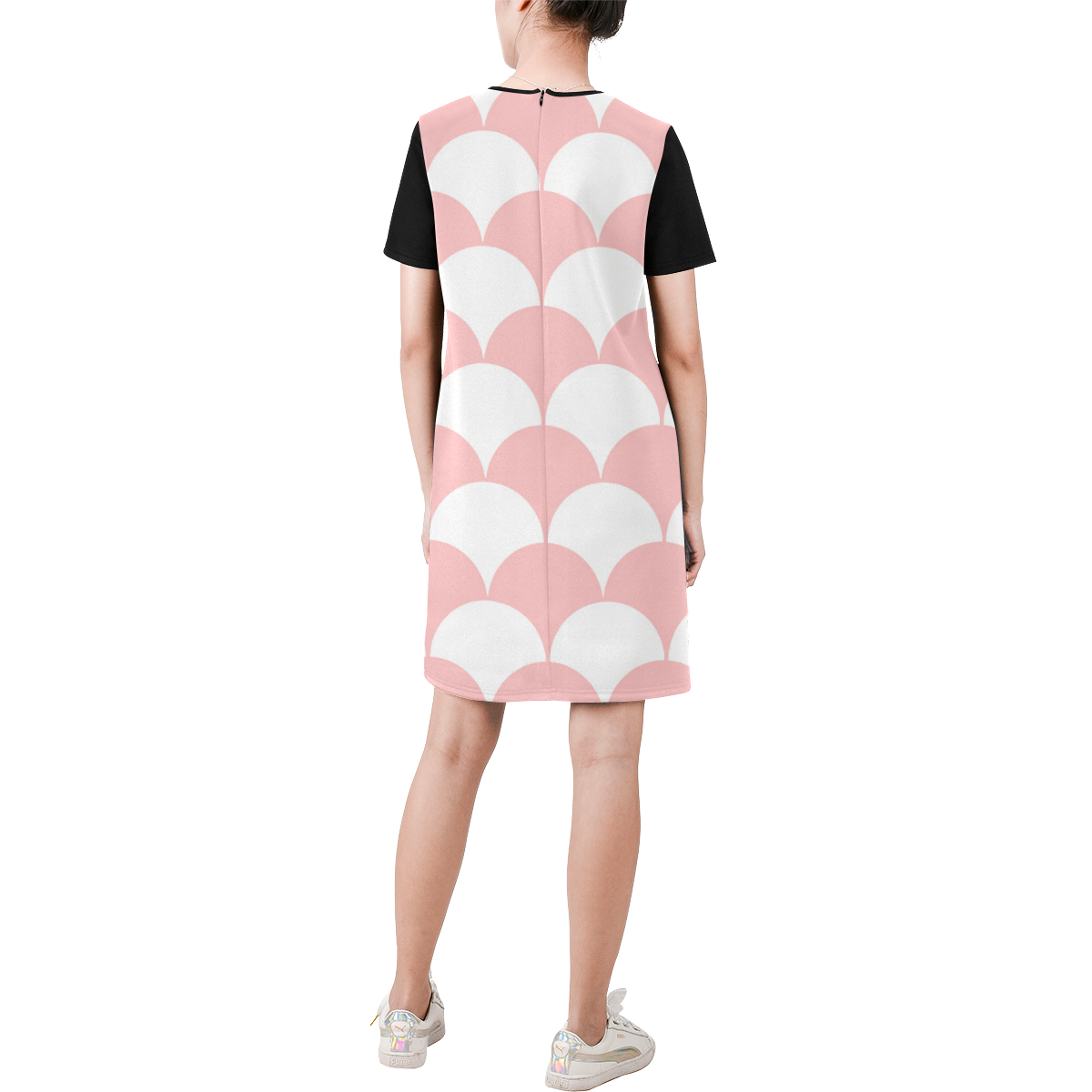 Abstract  pattern - pink and white. Short-Sleeve Round Neck A-Line Dress (Model D47)