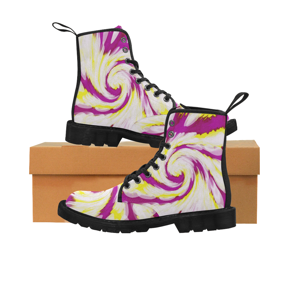 Pink Yellow Tie Dye Swirl Abstract Martin Boots for Men (Black) (Model 1203H)