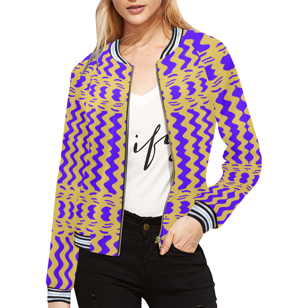 Purple Yellow Modern  Waves Lines All Over Print Bomber Jacket for Women (Model H21)