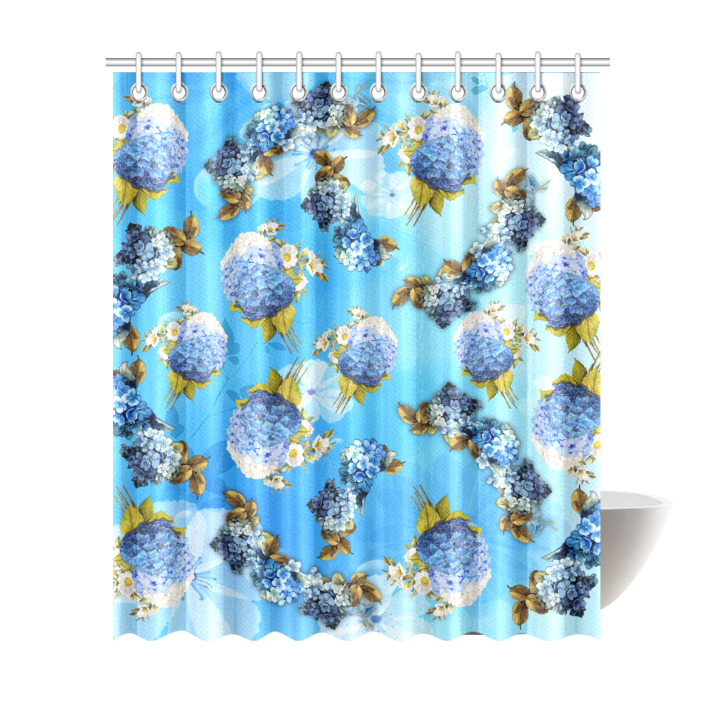 blue shades watercolor Hydrangeas on BLUE Shower Curtain 72"x84"
