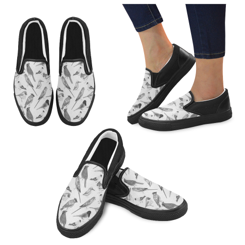 Black and white birds against white background sea Men's Unusual Slip-on Canvas Shoes (Model 019)