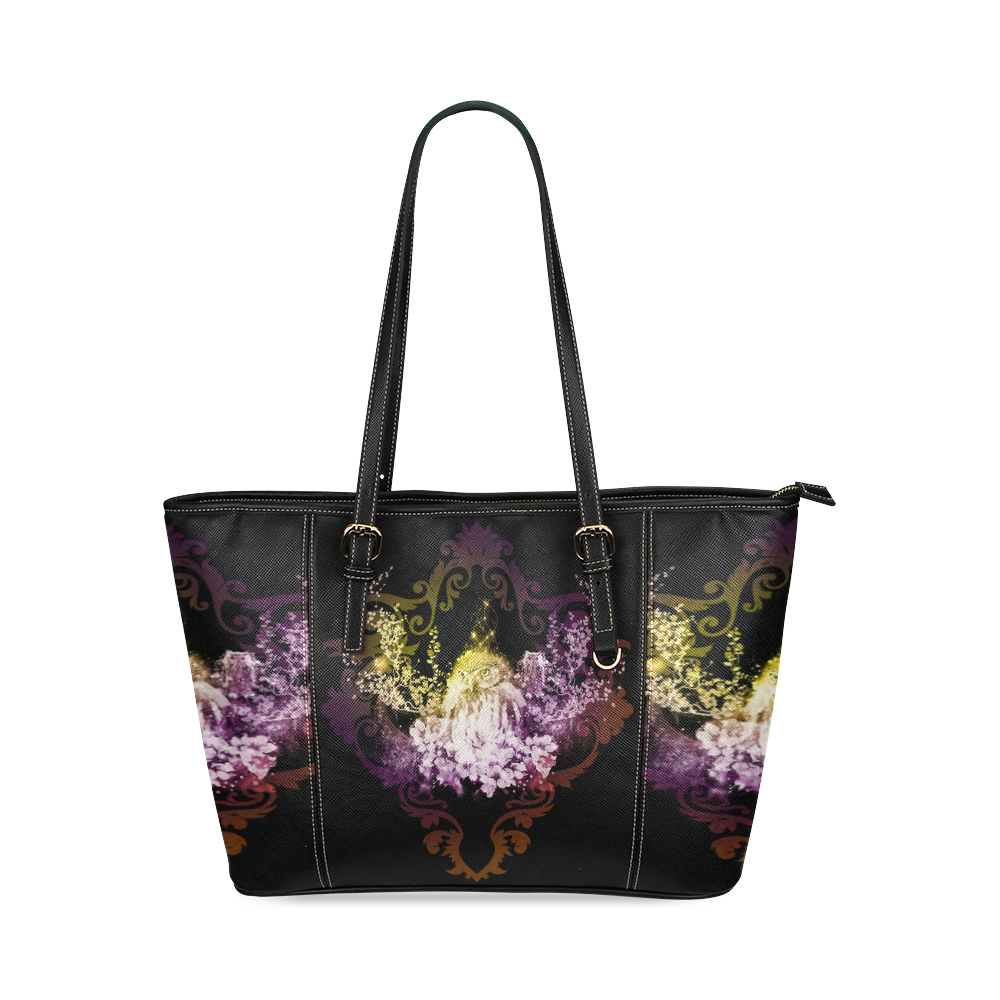 Colorful owls Leather Tote Bag/Small (Model 1640)