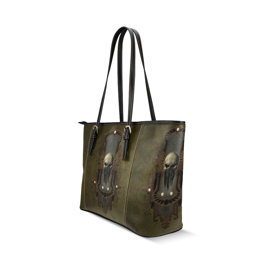 Awesome dark skull Leather Tote Bag/Large (Model 1640)