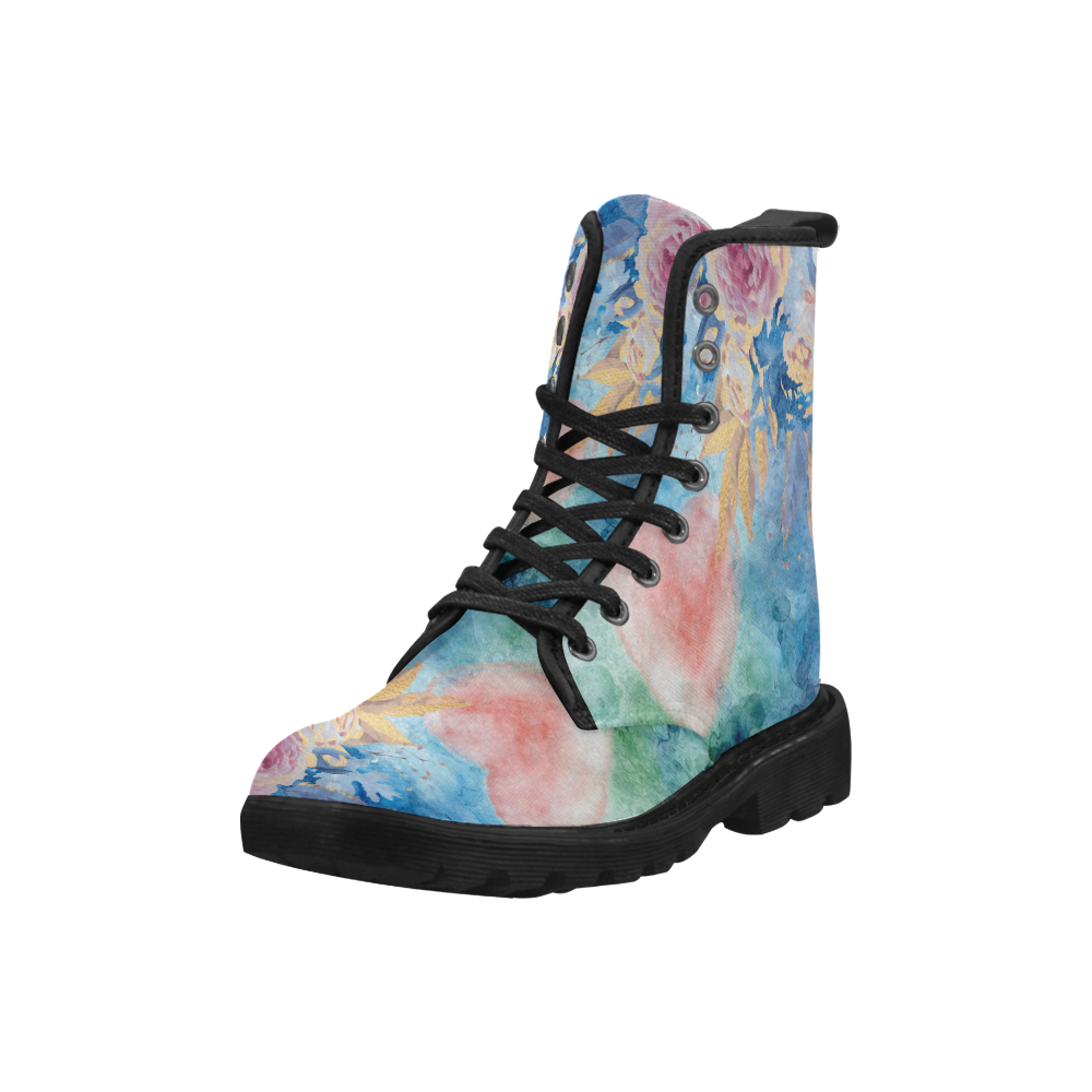 Heart and flowers - Pink and Blue Martin Boots for Men (Black) (Model 1203H)