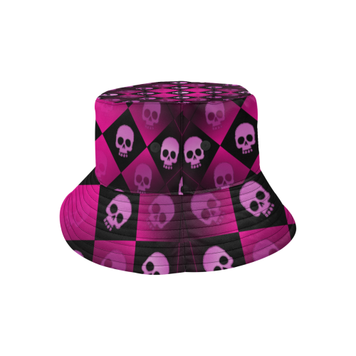 Checkered Skulls Pink All Over Print Bucket Hat
