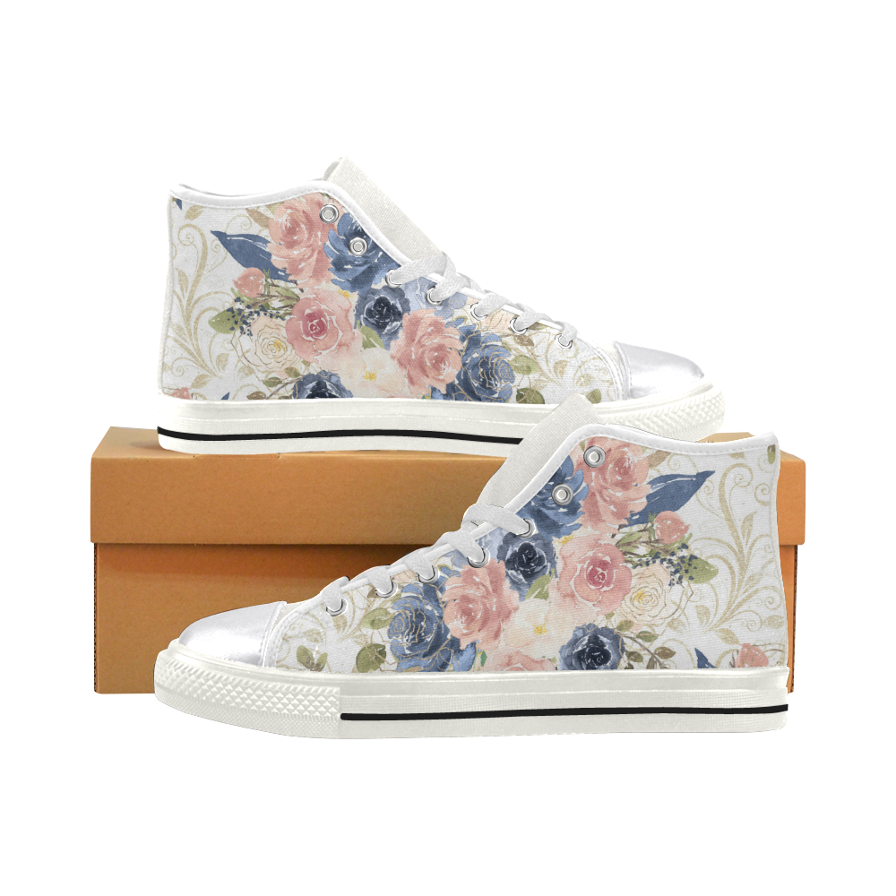Floral Flowes Shoes, Pink Watercolor Flower Women's Classic High Top Canvas Shoes (Model 017)