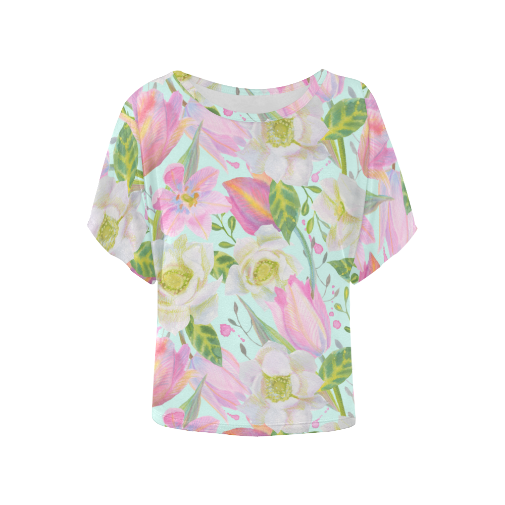 Rose_Tulips Women's Batwing-Sleeved Blouse T shirt (Model T44)