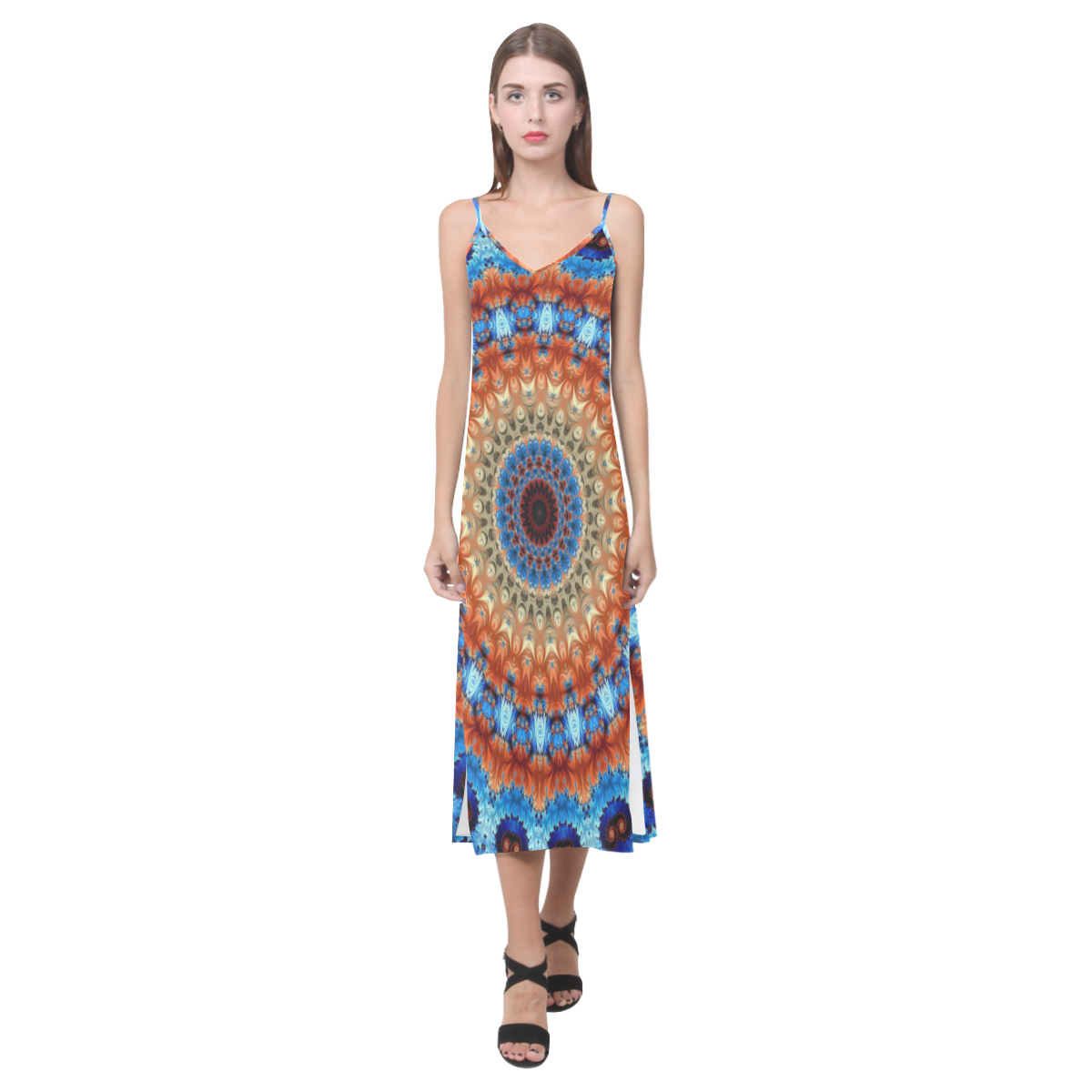 Kaleidoscope V-Neck Open Fork Long Dress(Model D18)